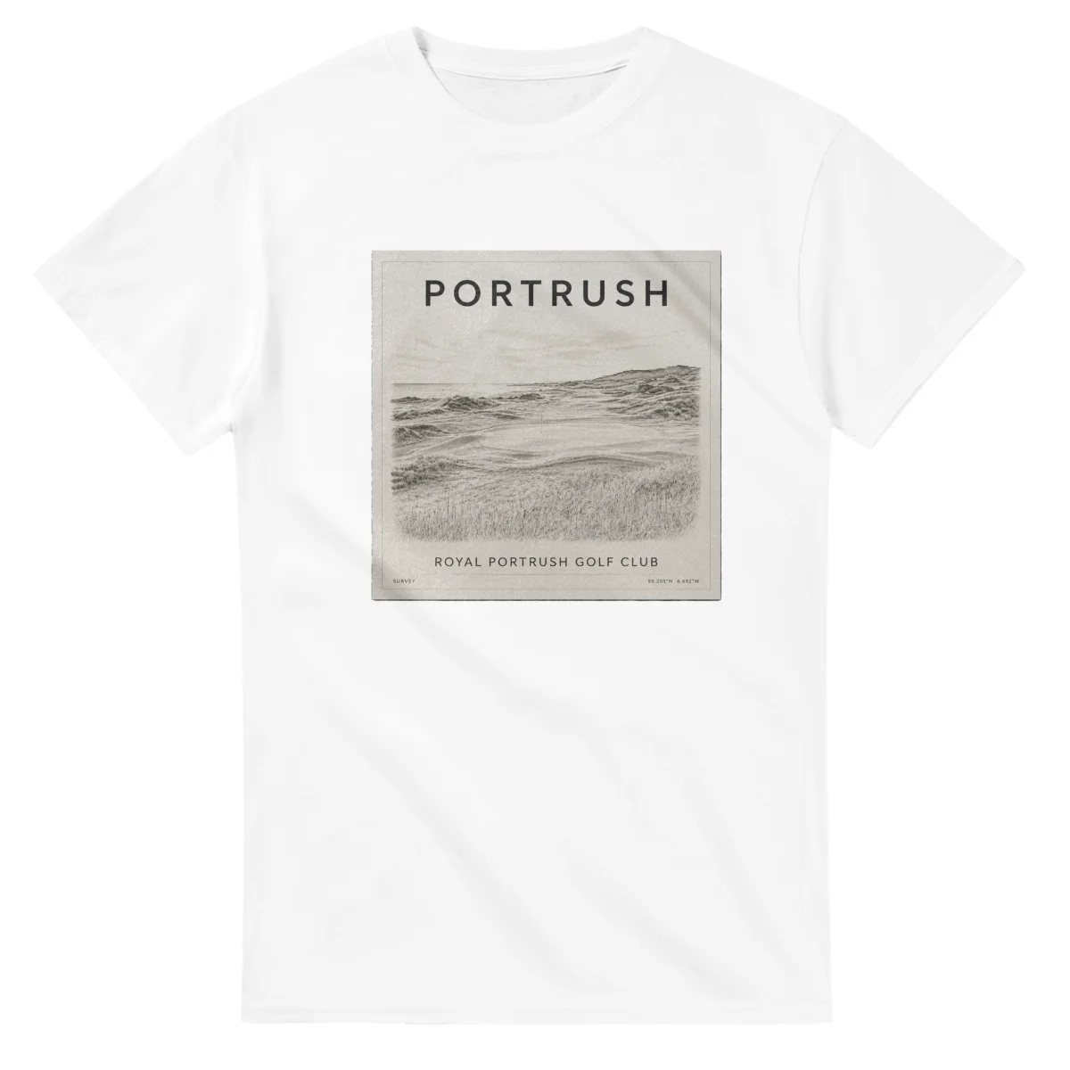 Fine-line engraving-style drawing for Portrush, with a landmark caption and small coordinate text.