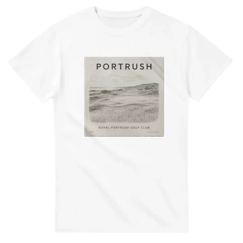 Fine-line engraving-style drawing for Portrush, with a landmark caption and small coordinate text.