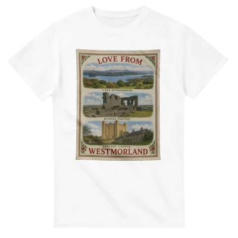 Framed scenic design for Westmorland, with several local views, a decorative border and LOVE FROM lettering.
