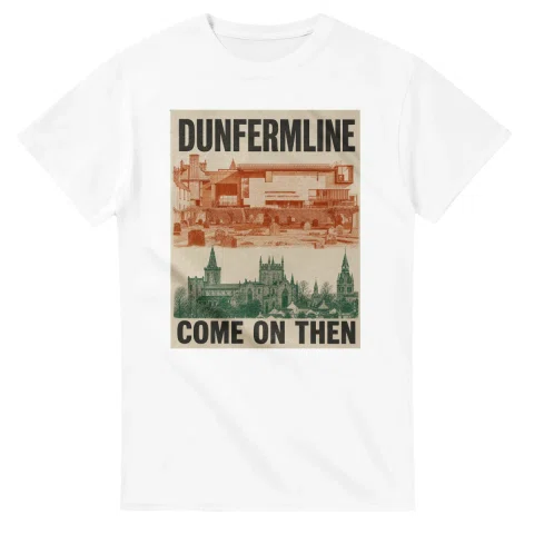 Two-colour scenic illustration for Dunfermline, with the place name and COME ON THEN lettering.