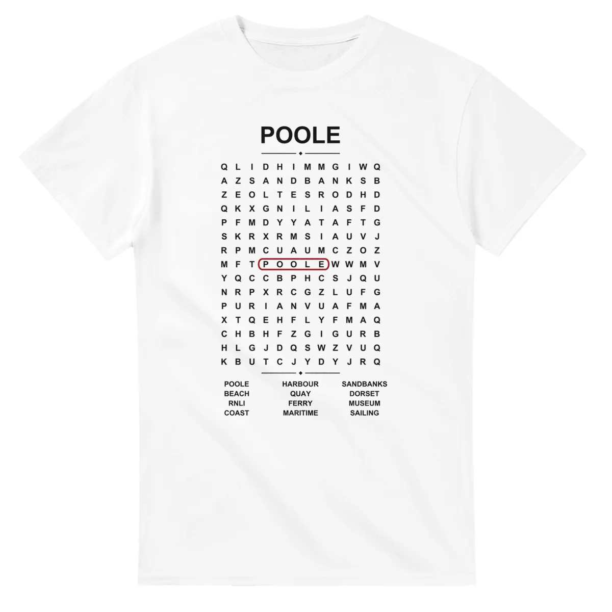 Word-search sheet for Poole, with a large place-name heading, a letter grid, a local answer list, and a red highlighted example word.