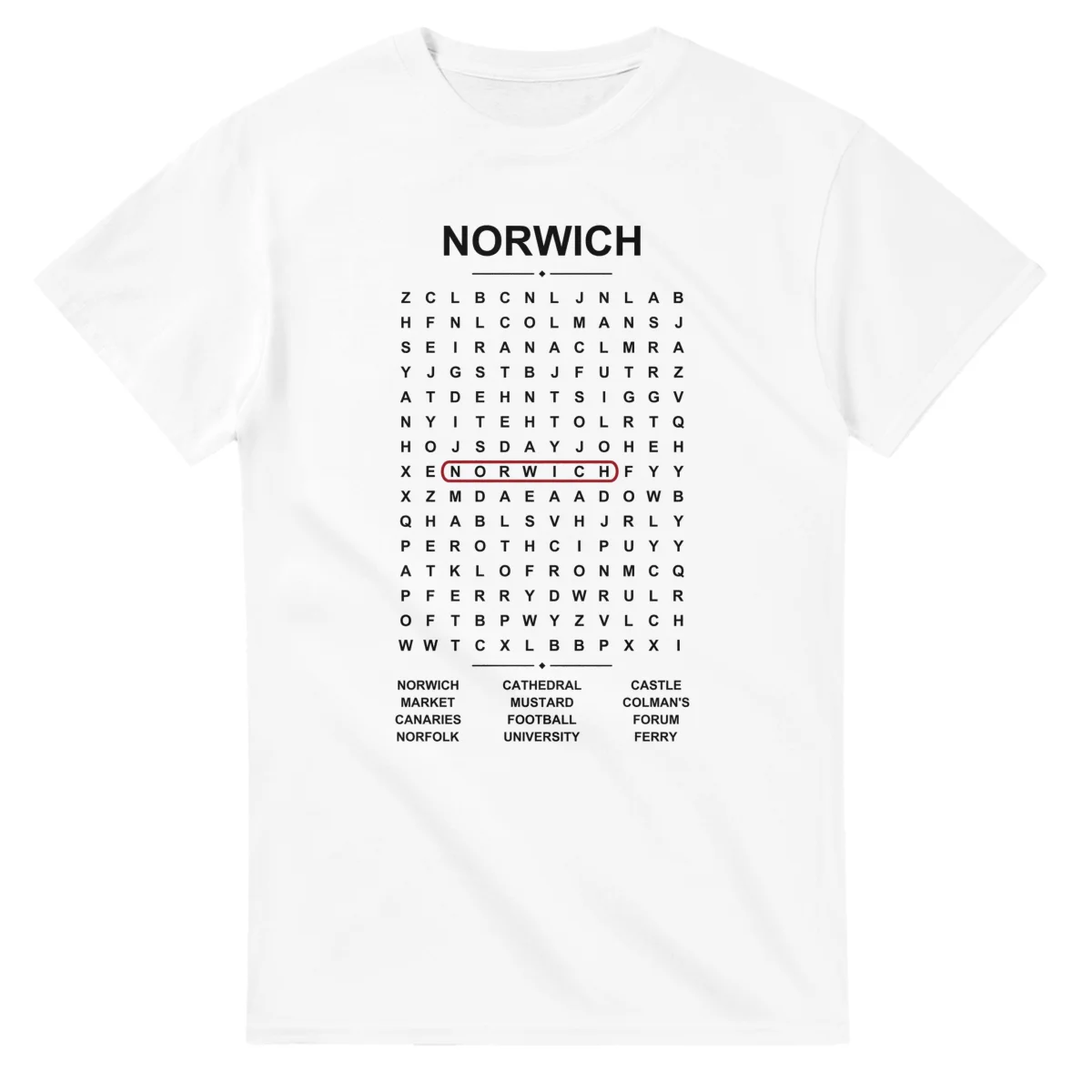 Word-search sheet for Norwich, with a large place-name heading, a letter grid, a local answer list, and a red highlighted example word.