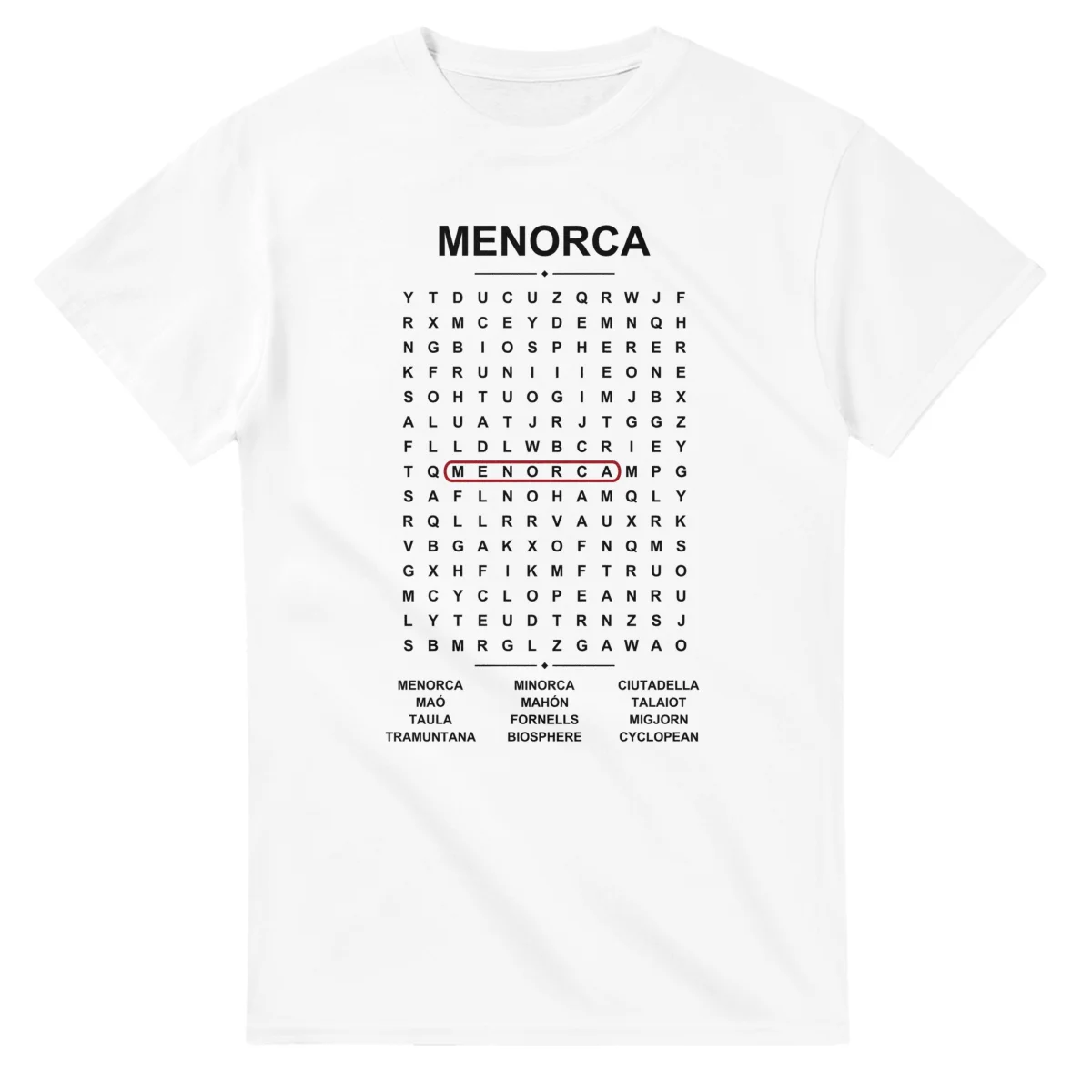 Word-search sheet for Menorca, with a large place-name heading, a letter grid, a local answer list, and a red highlighted example word.