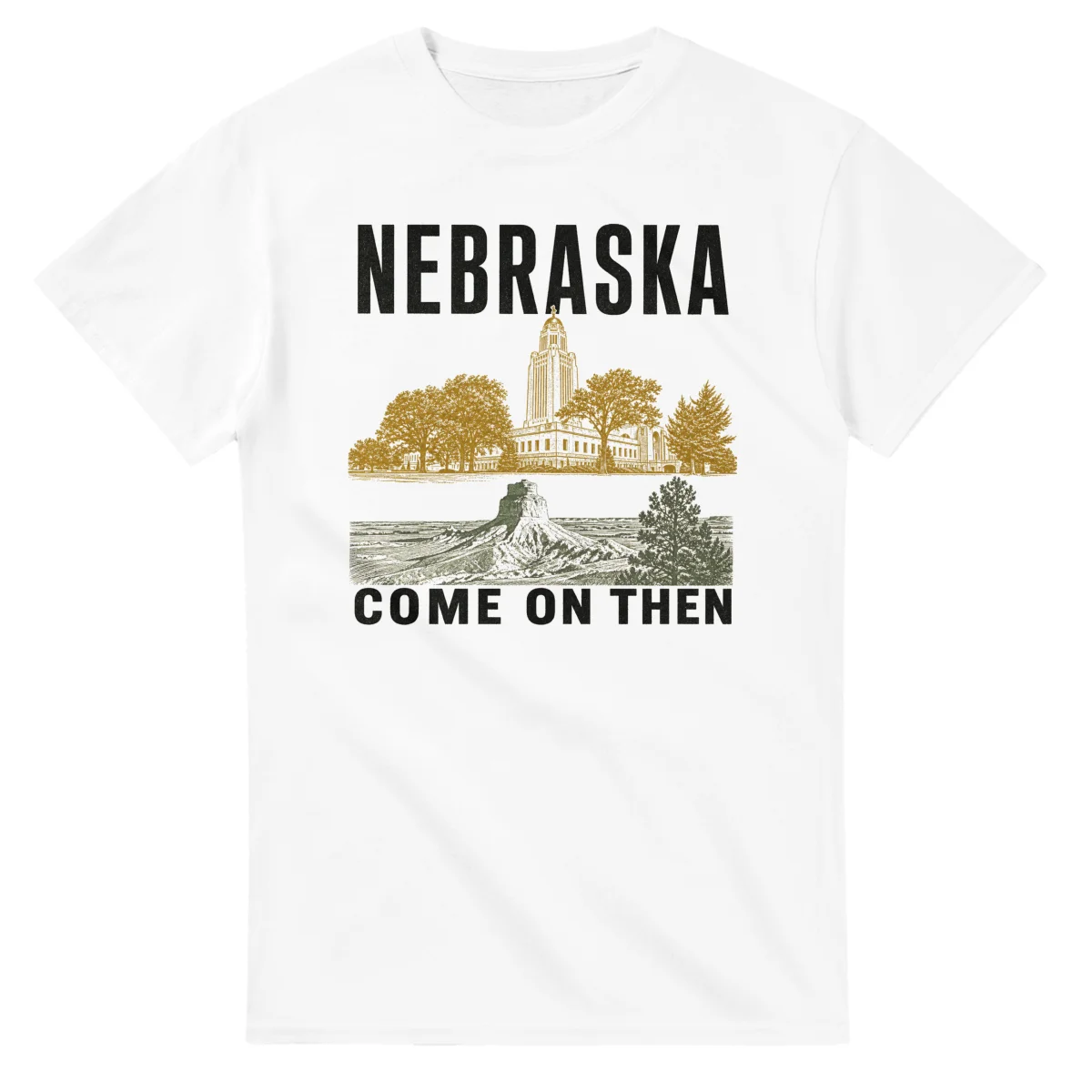 Two-colour scenic illustration for Nebraska, with the place name and COME ON THEN lettering.