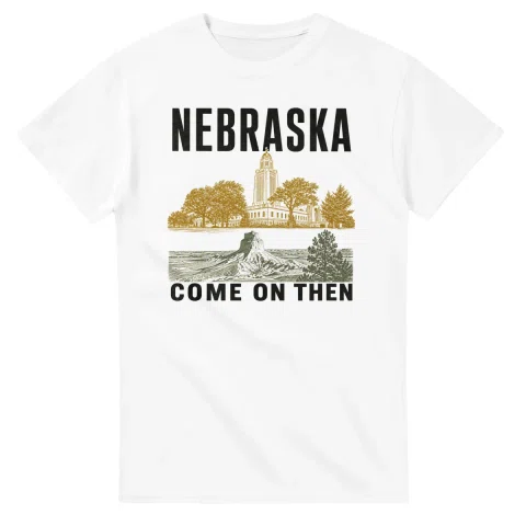 Two-colour scenic illustration for Nebraska, with the place name and COME ON THEN lettering.