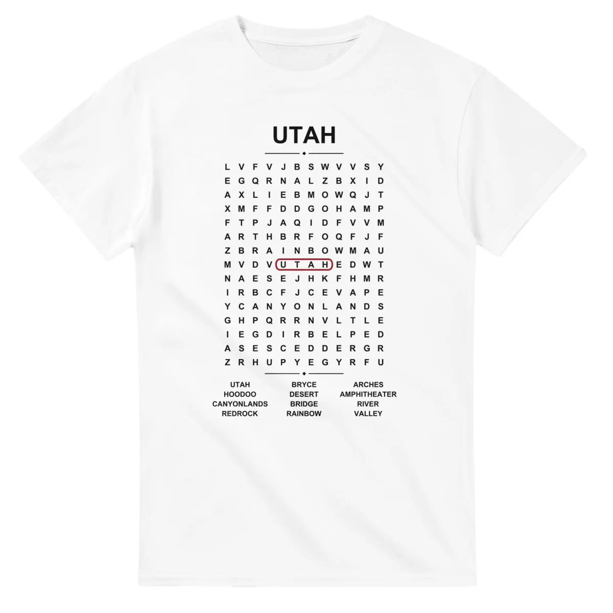 Word-search sheet for Utah, with a large place-name heading, a letter grid, a local answer list, and a red highlighted example word.