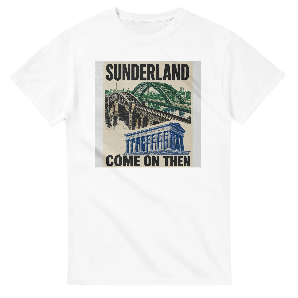 Two-colour scenic illustration for Sunderland, with the place name and COME ON THEN lettering.