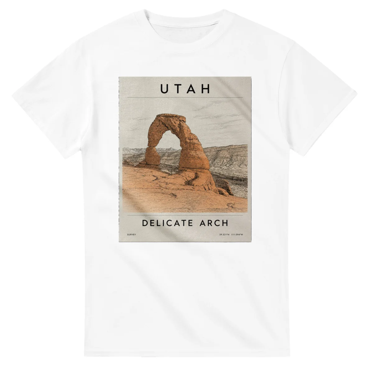 Fine-line engraving-style drawing for Utah, with a landmark caption and small coordinate text.