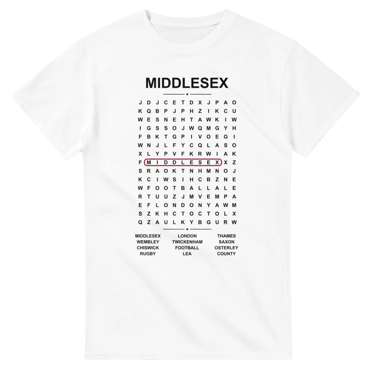 Word-search sheet for Middlesex, with a large place-name heading, a letter grid, a local answer list, and a red highlighted example word.