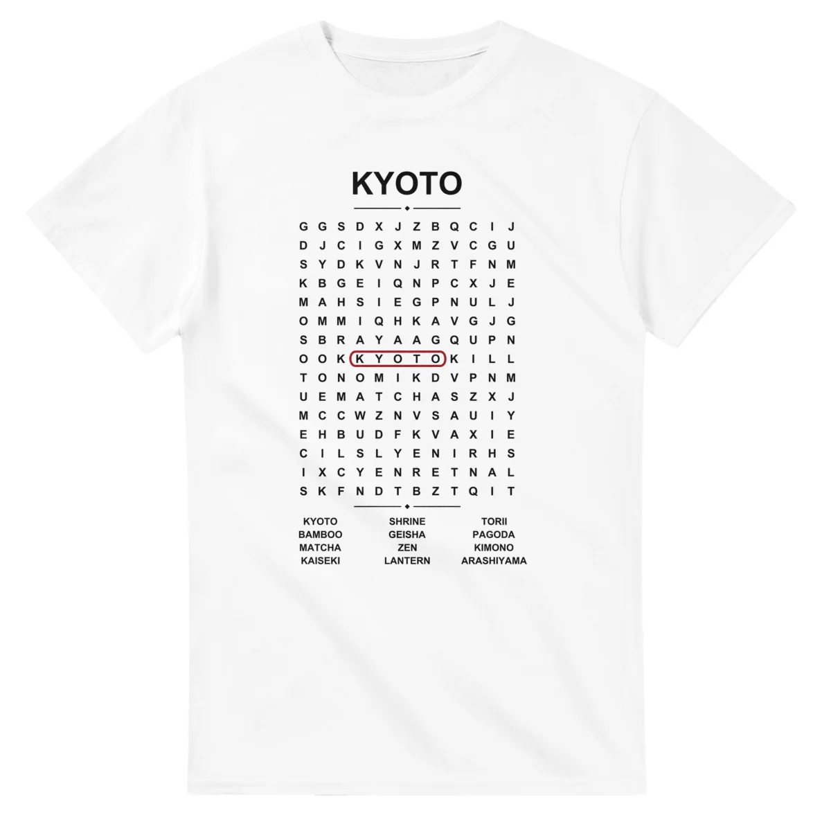 Word-search sheet for Kyoto, with a large place-name heading, a letter grid, a local answer list, and a red highlighted example word.