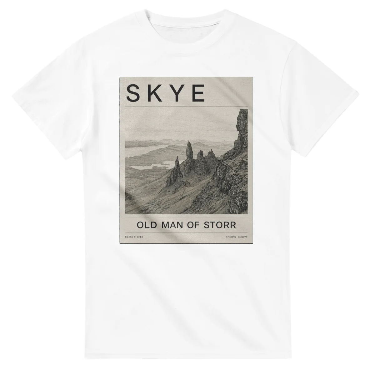 Fine-line engraving-style drawing for Skye, with a landmark caption and small coordinate text.