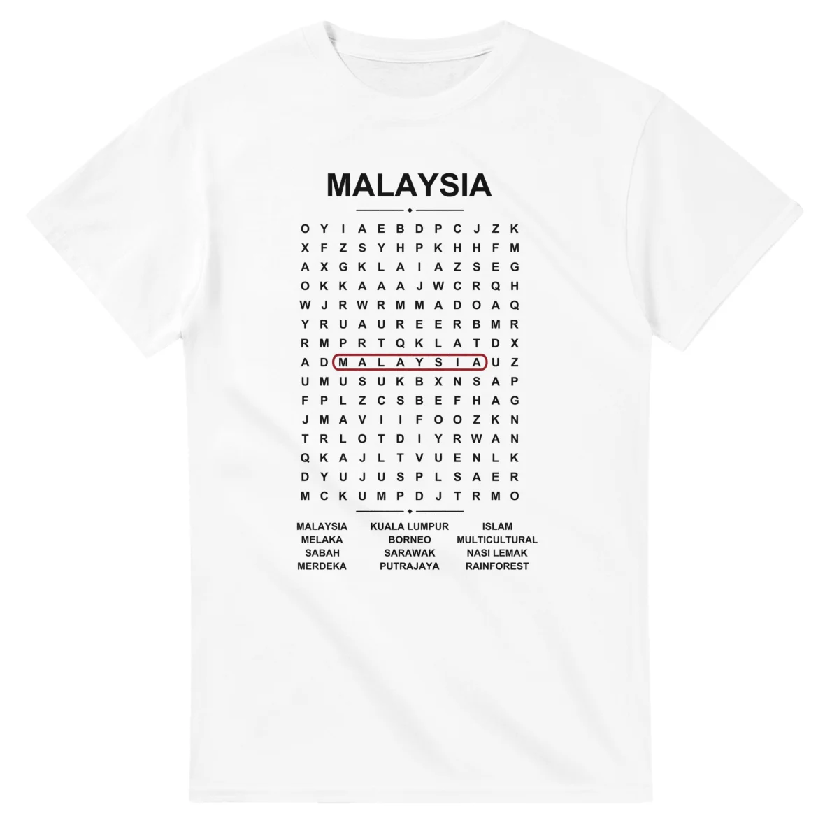 Word-search sheet for Malaysia, with a large place-name heading, a letter grid, a local answer list, and a red highlighted example word.