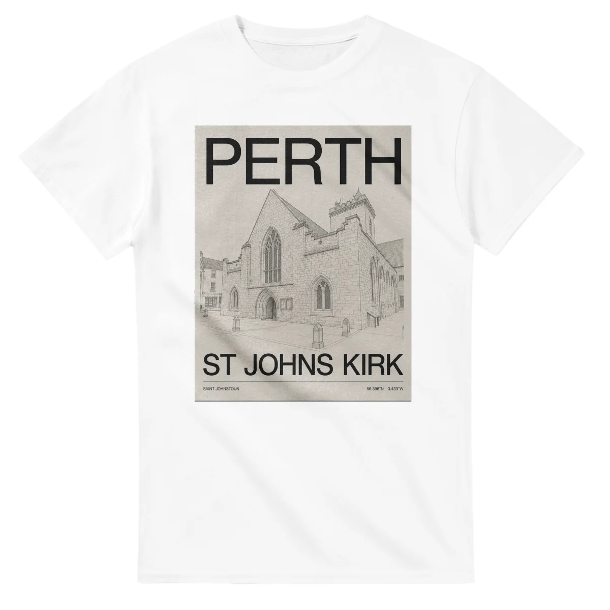 Fine-line engraving-style drawing for Perth, with a landmark caption and small coordinate text.