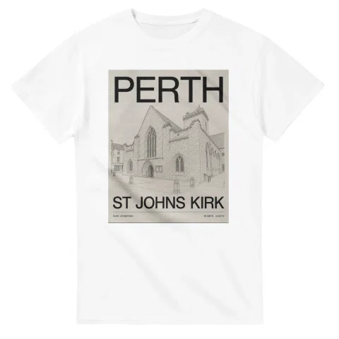Fine-line engraving-style drawing for Perth, with a landmark caption and small coordinate text.
