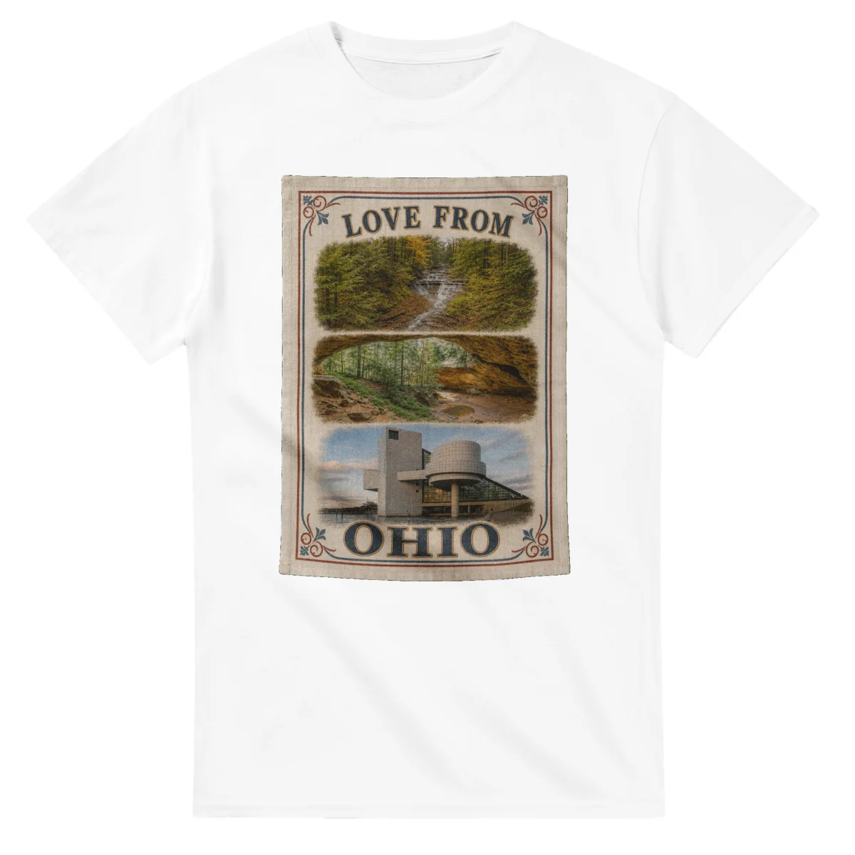 Framed scenic design for Ohio, with several local views, a decorative border and LOVE FROM lettering.