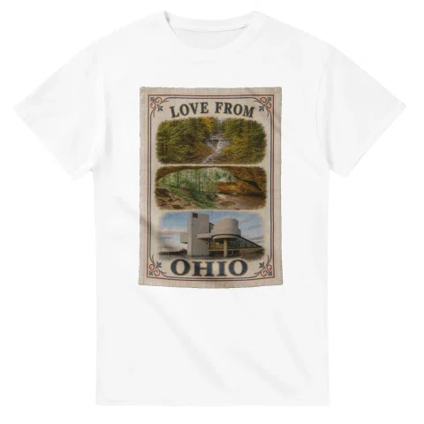 Framed scenic design for Ohio, with several local views, a decorative border and LOVE FROM lettering.