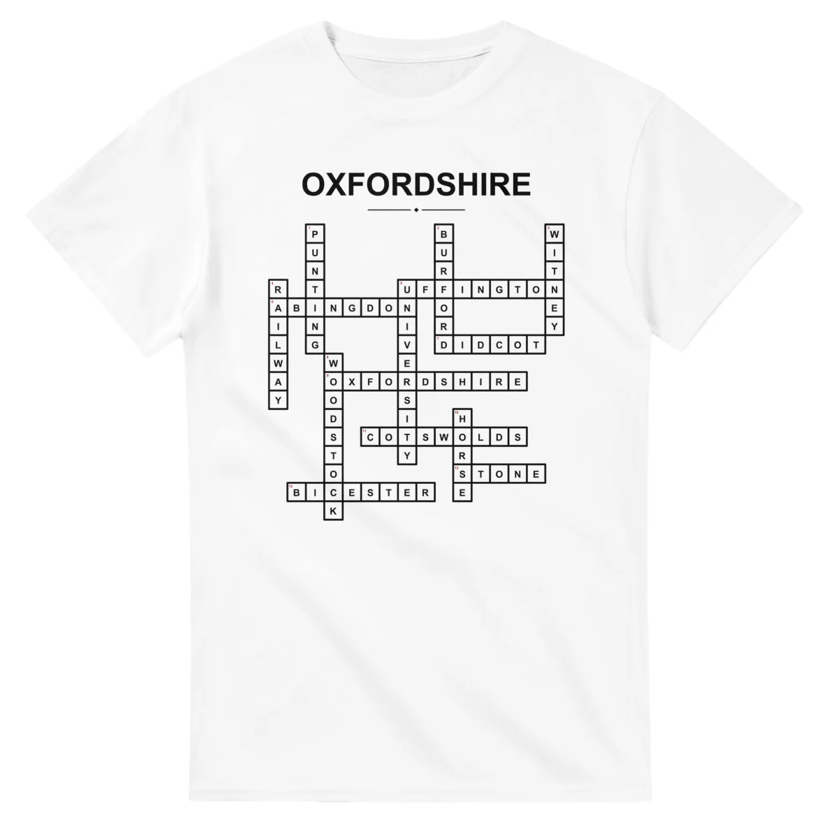 Monochrome crossword sheet for Oxfordshire, with a large place-name heading, a letter grid, and numbered across and down clues.