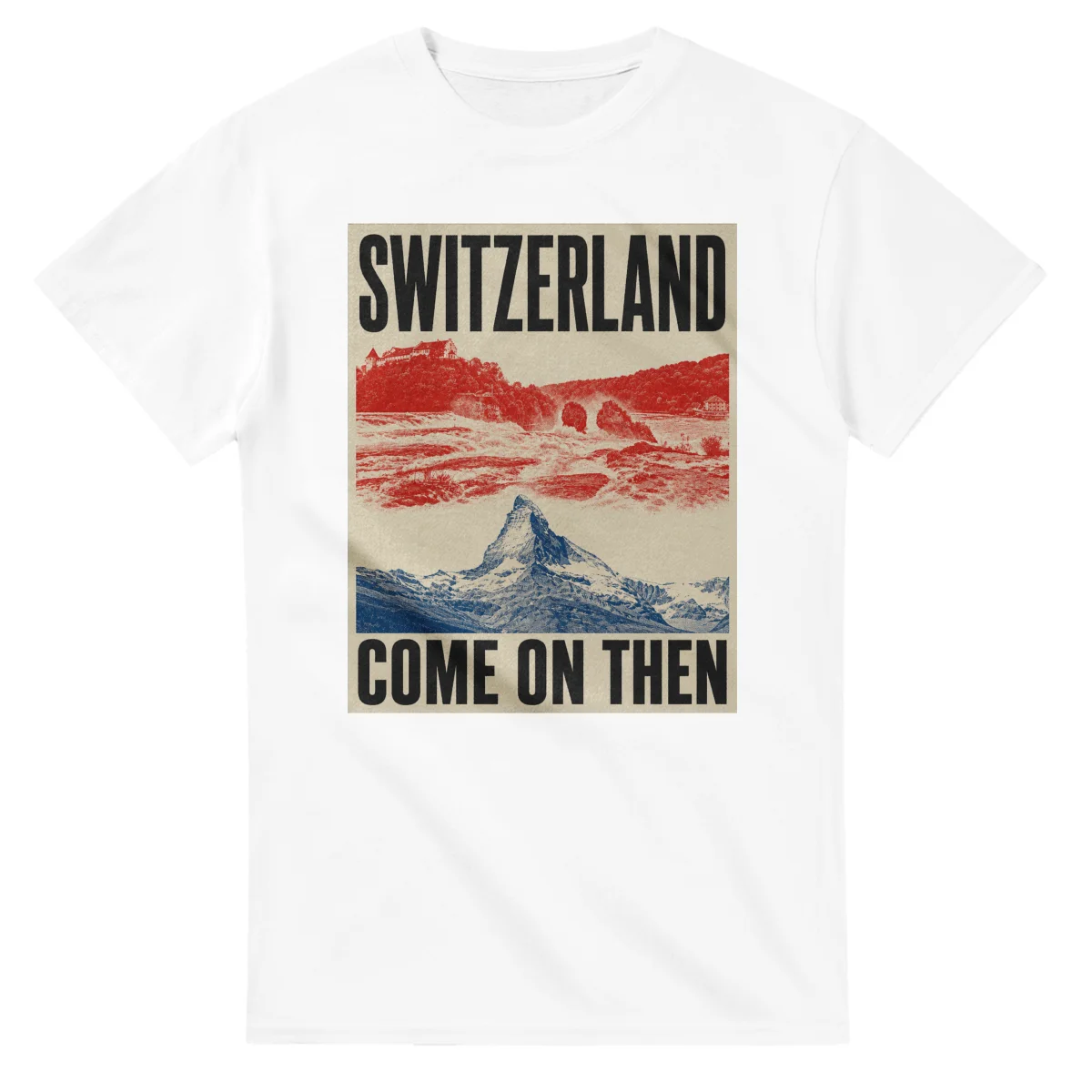 Two-colour scenic illustration for Switzerland, with the place name and COME ON THEN lettering.
