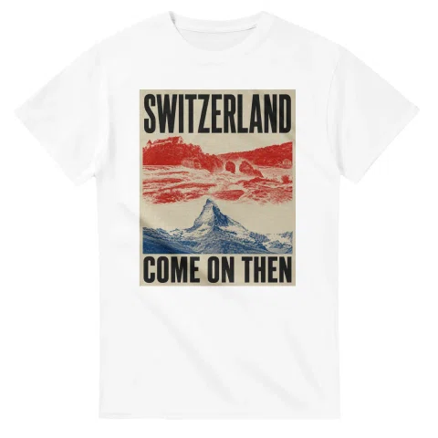 Two-colour scenic illustration for Switzerland, with the place name and COME ON THEN lettering.