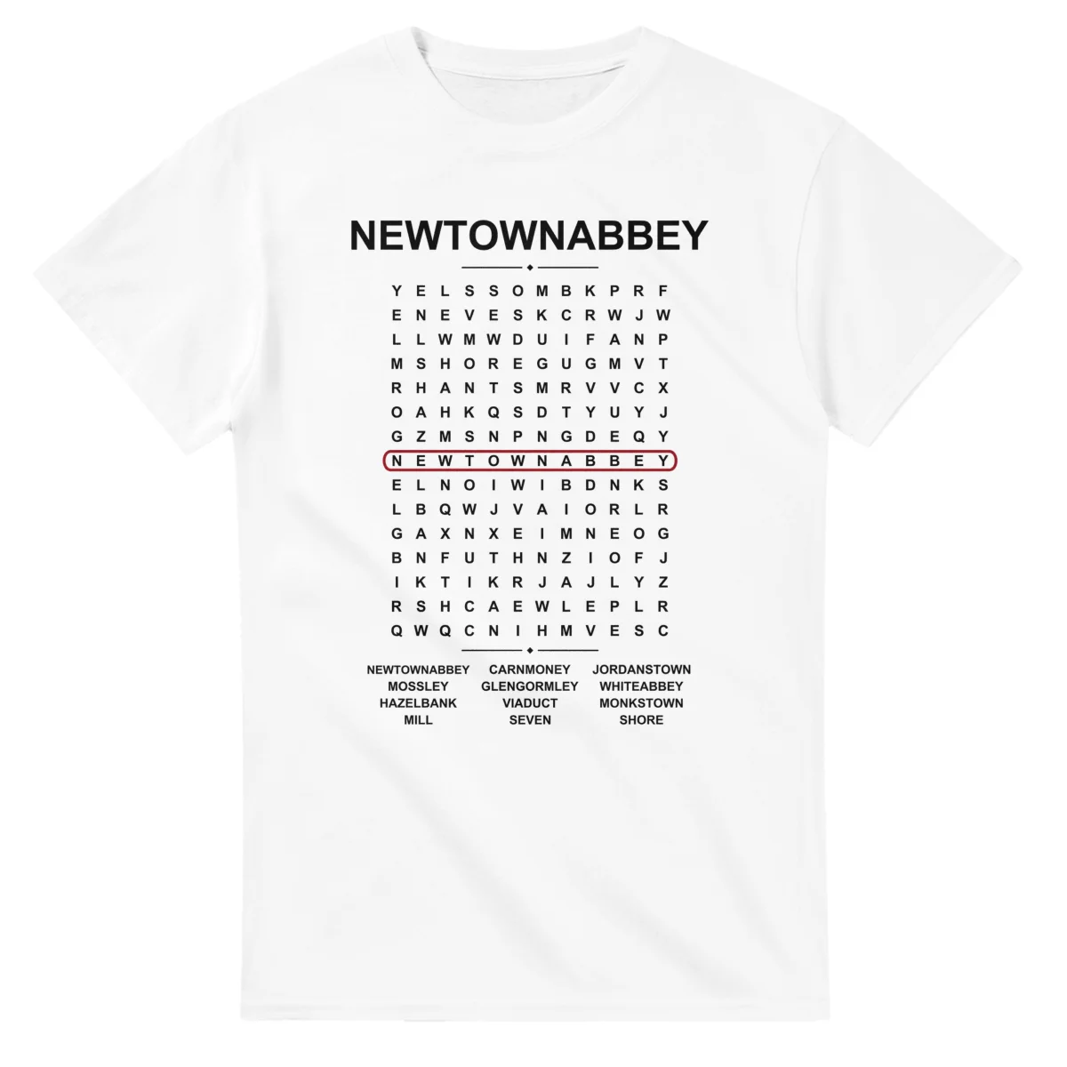 Word-search sheet for Newtownabbey, with a large place-name heading, a letter grid, a local answer list, and a red highlighted example word.