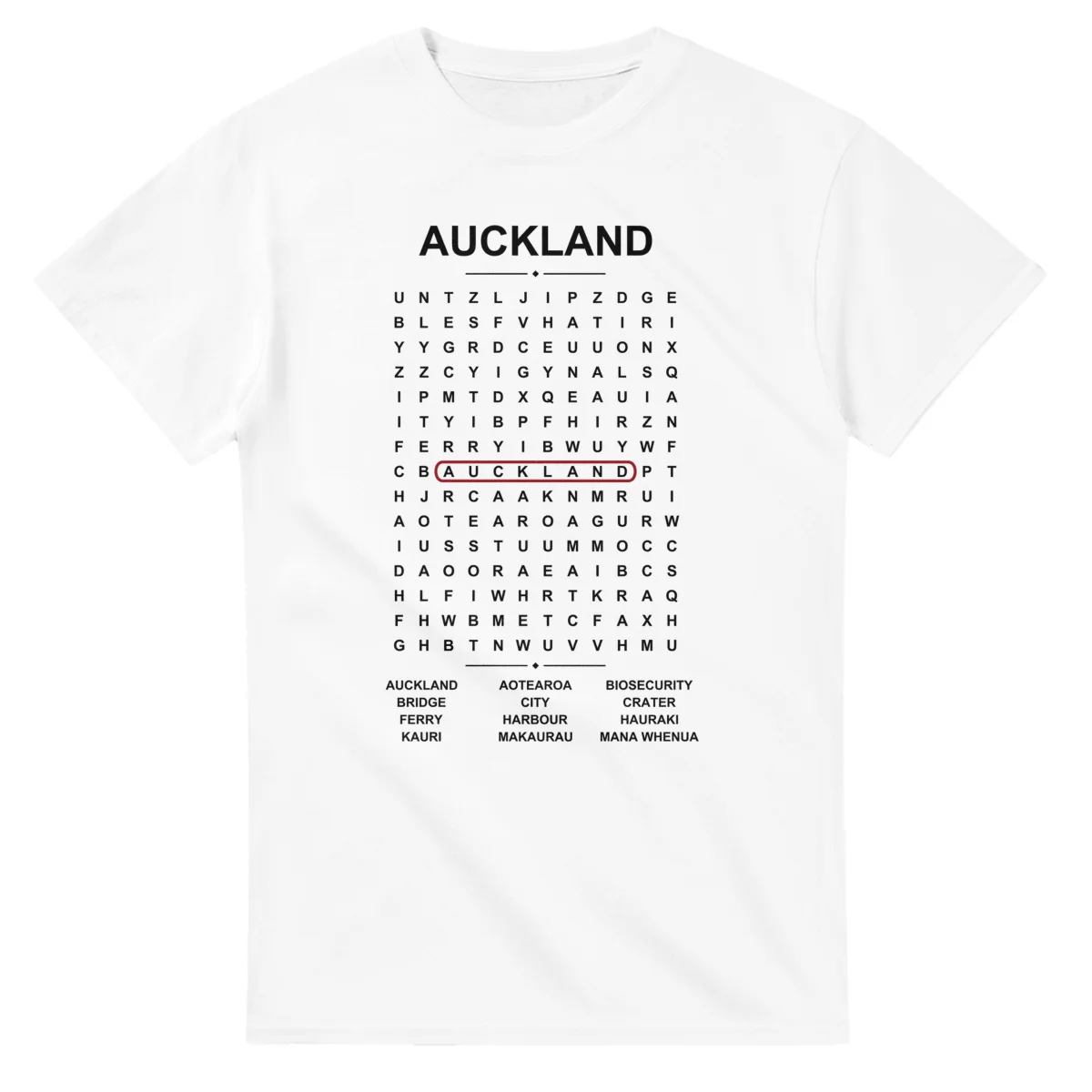 Word-search sheet for Auckland, with a large place-name heading, a letter grid, a local answer list, and a red highlighted example word.