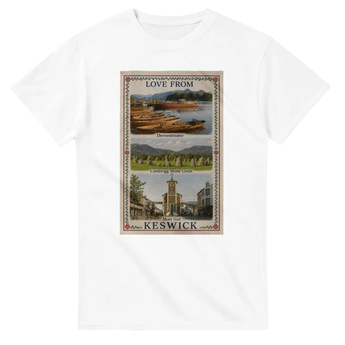 Framed scenic design for Keswick, with several local views, a decorative border and LOVE FROM lettering.