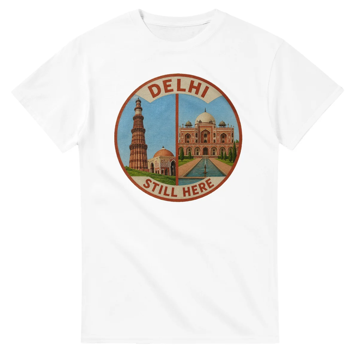 Painted, panelled scenic illustration for Delhi, with paired local scenes and the place name in lettering.