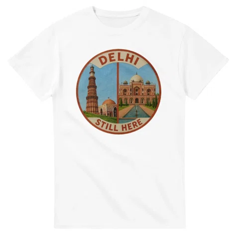Painted, panelled scenic illustration for Delhi, with paired local scenes and the place name in lettering.