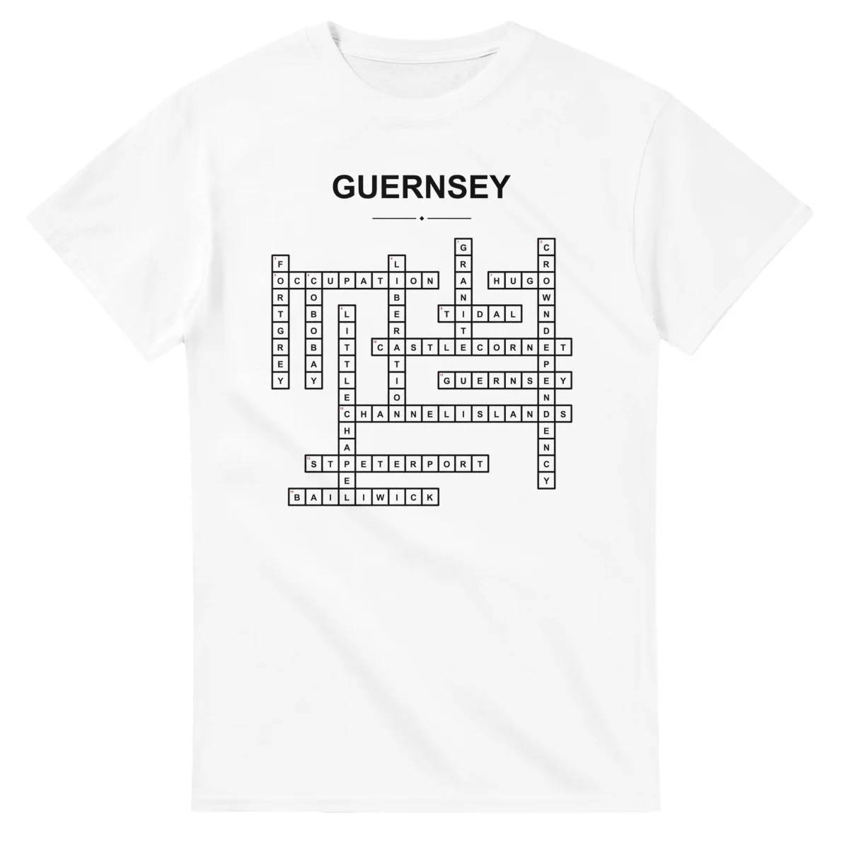 Monochrome crossword sheet for Guernsey, with a large place-name heading, a letter grid, and numbered across and down clues.
