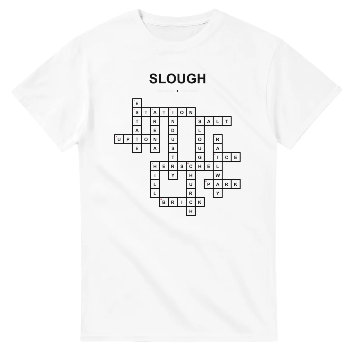 Monochrome crossword sheet for Slough, with a large place-name heading, a letter grid, and numbered across and down clues.