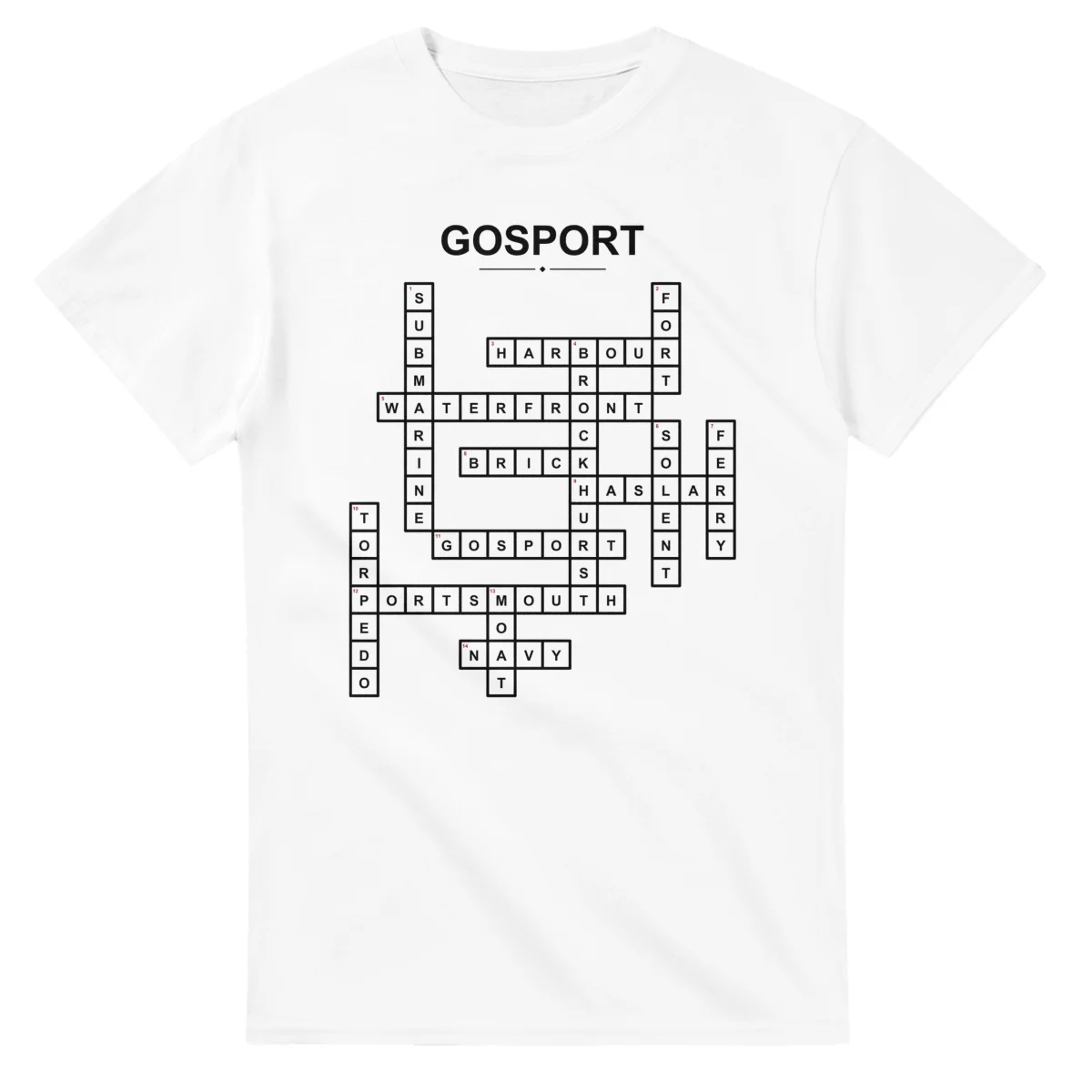Monochrome crossword sheet for Gosport, with a large place-name heading, a letter grid, and numbered across and down clues.