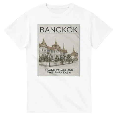 Fine-line engraving-style drawing for Bangkok, with a landmark caption and small coordinate text.