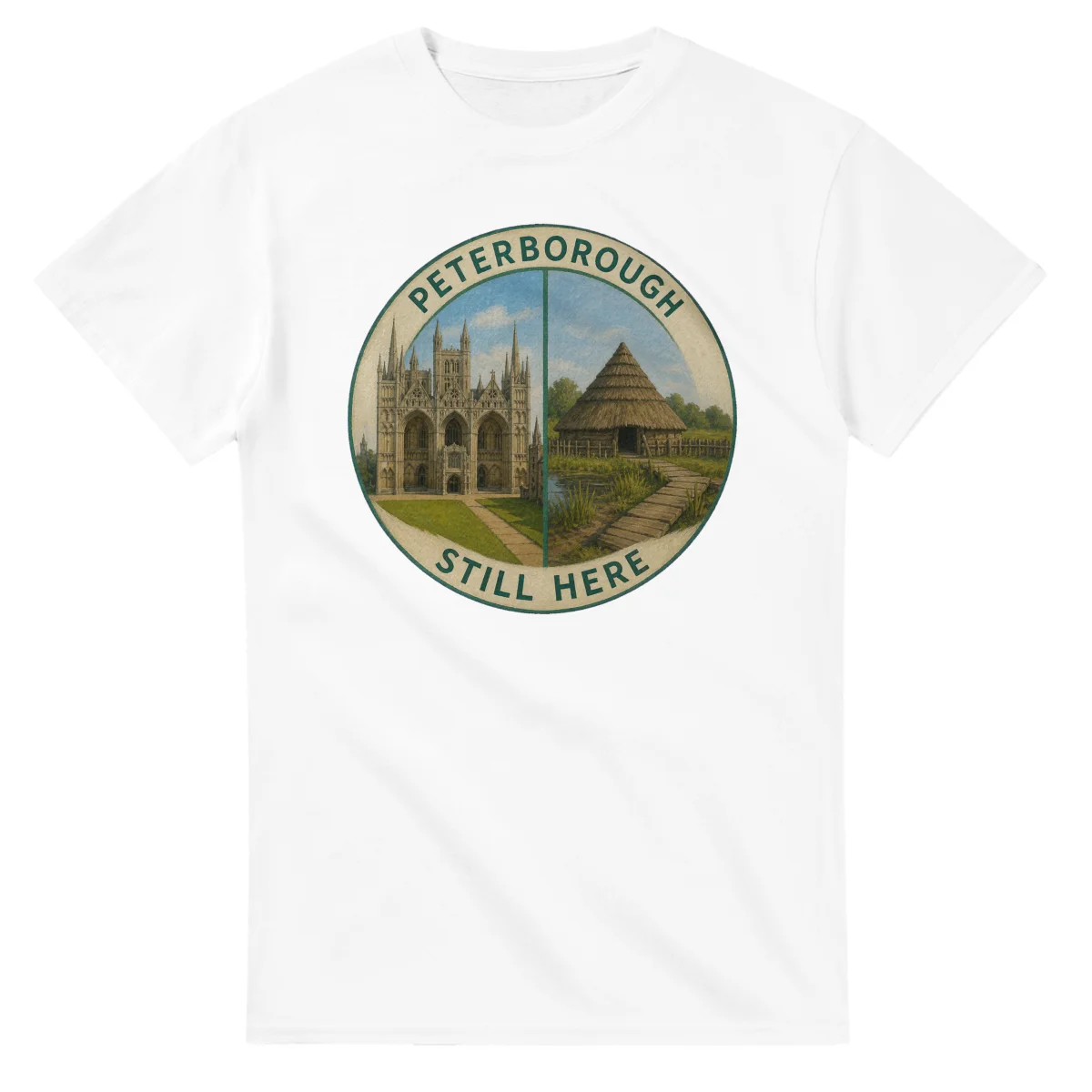 Painted, panelled scenic illustration for Peterborough, with paired local scenes and the place name in lettering.