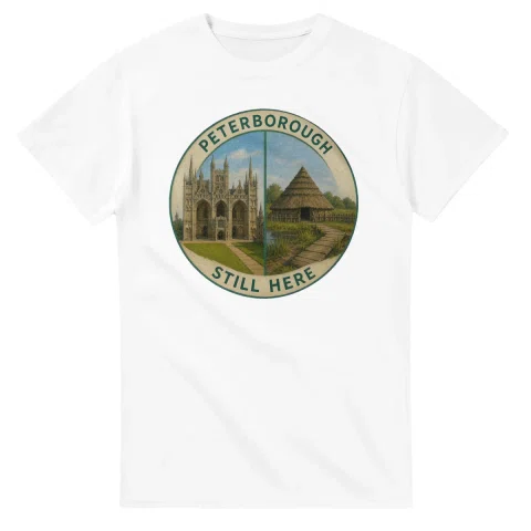 Painted, panelled scenic illustration for Peterborough, with paired local scenes and the place name in lettering.