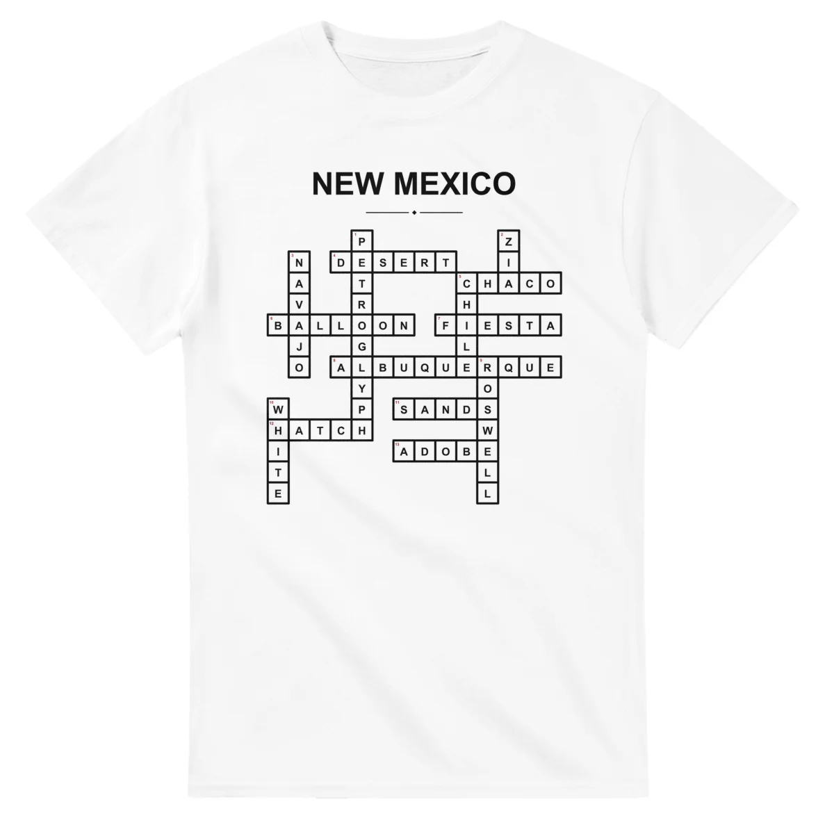 Monochrome crossword sheet for New Mexico, with a large place-name heading, a letter grid, and numbered across and down clues.