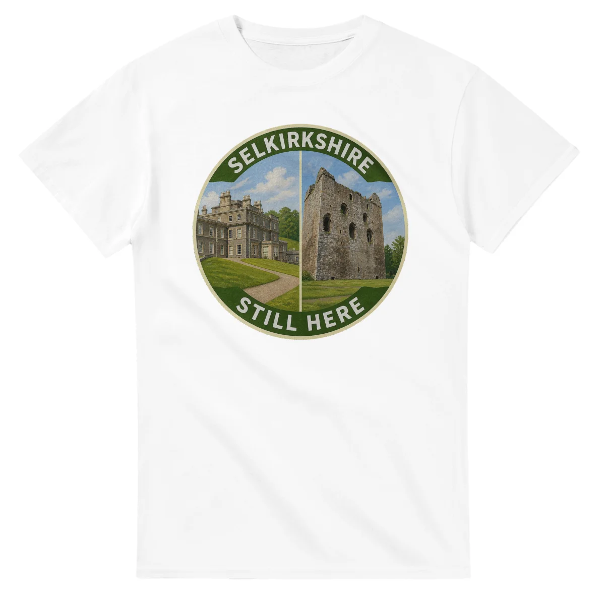 Painted, panelled scenic illustration for Selkirkshire, with paired local scenes and the place name in lettering.