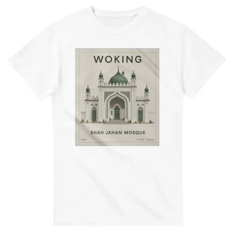 Fine-line engraving-style drawing for Woking, with a landmark caption and small coordinate text.