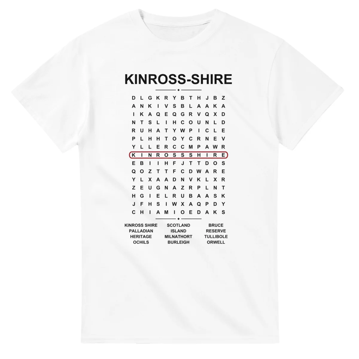 Word-search sheet for Kinross-shire, with a large place-name heading, a letter grid, a local answer list, and a red highlighted example word.