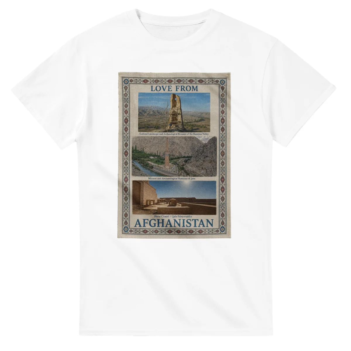 Framed scenic design for Afghanistan, with several local views, a decorative border and LOVE FROM lettering.