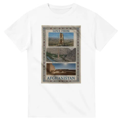 Framed scenic design for Afghanistan, with several local views, a decorative border and LOVE FROM lettering.