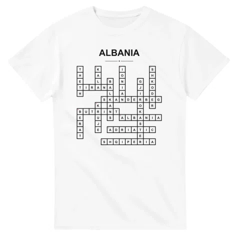 Monochrome crossword sheet for Albania, with a large place-name heading, a letter grid, and numbered across and down clues.