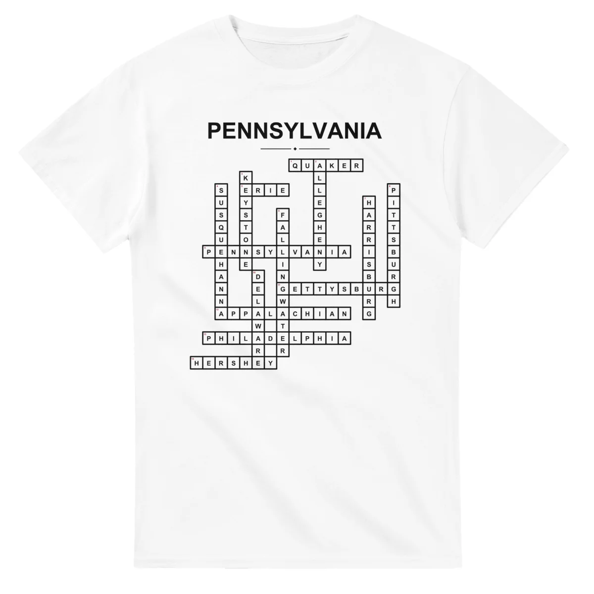 Monochrome crossword sheet for Pennsylvania, with a large place-name heading, a letter grid, and numbered across and down clues.