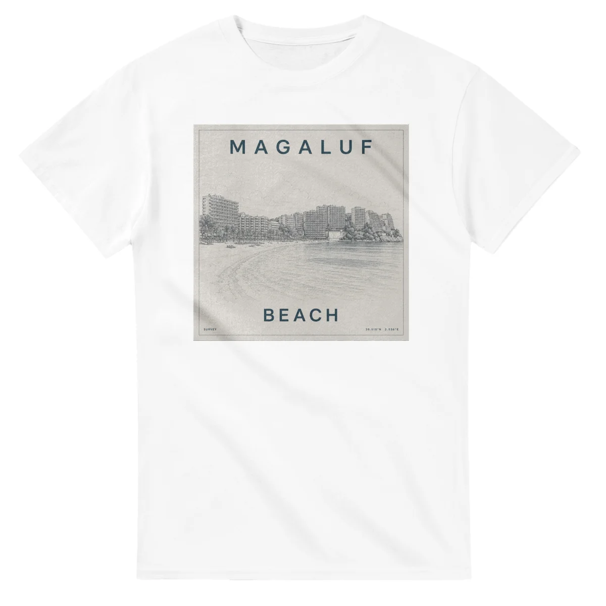Fine-line engraving-style drawing for Magaluf, with a landmark caption and small coordinate text.