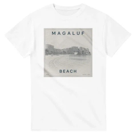 Fine-line engraving-style drawing for Magaluf, with a landmark caption and small coordinate text.