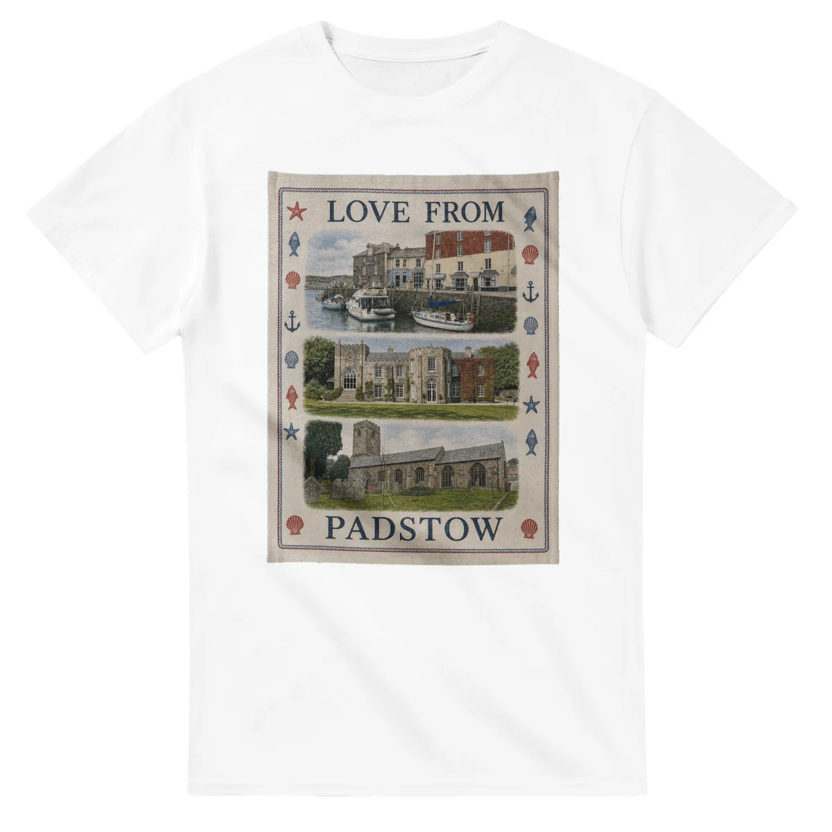 Framed scenic design for Padstow, with several local views, a decorative border and LOVE FROM lettering.