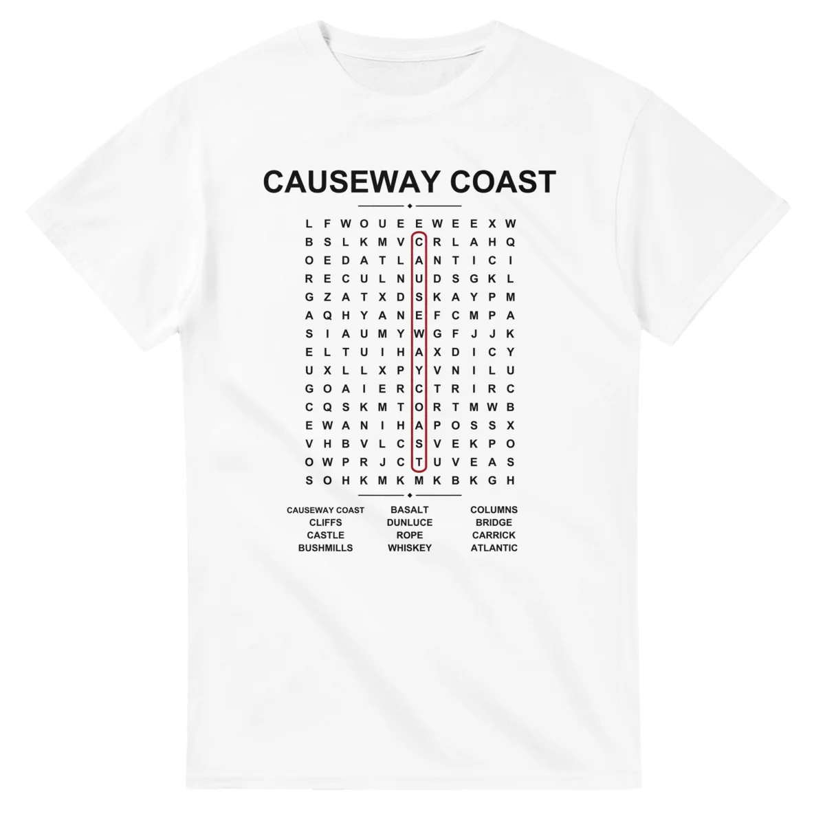 Word-search sheet for Causeway Coast, with a large place-name heading, a letter grid, a local answer list, and a red highlighted example word.