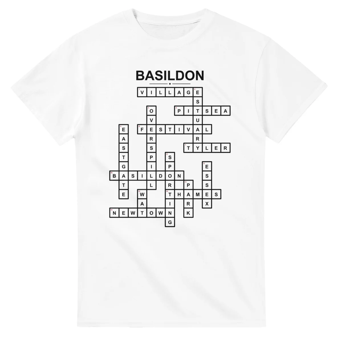 Monochrome crossword sheet for Basildon, with a large place-name heading, a letter grid, and numbered across and down clues.
