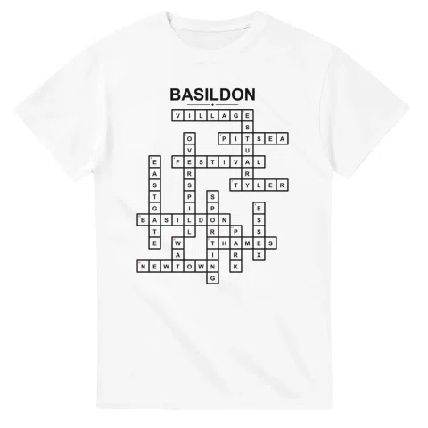 Monochrome crossword sheet for Basildon, with a large place-name heading, a letter grid, and numbered across and down clues.