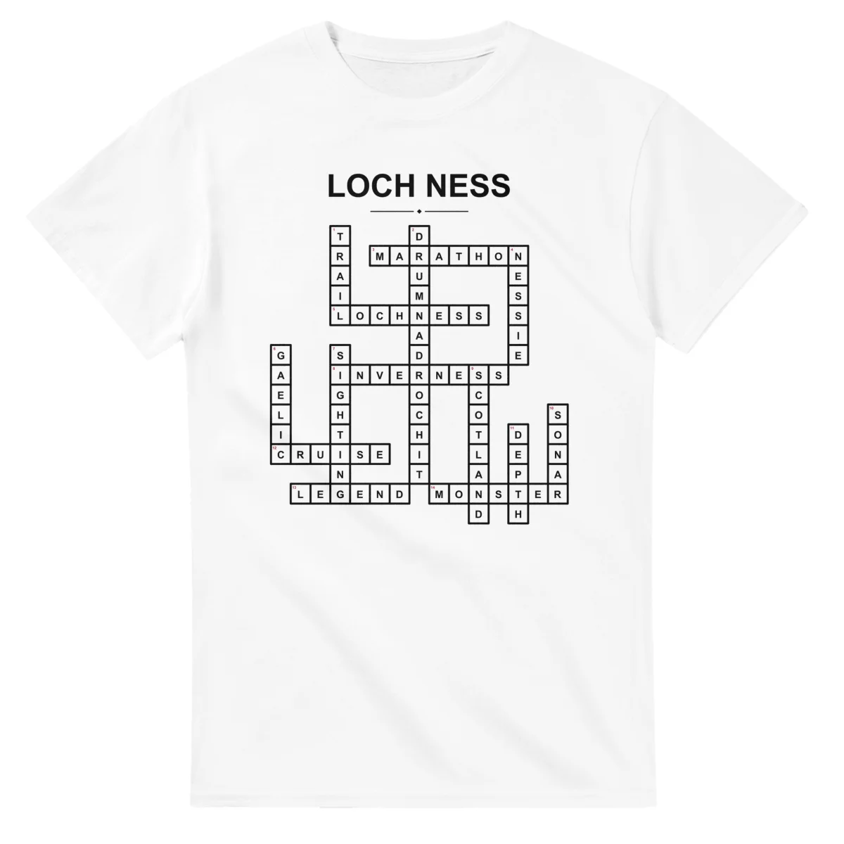Monochrome crossword sheet for Loch Ness, with a large place-name heading, a letter grid, and numbered across and down clues.