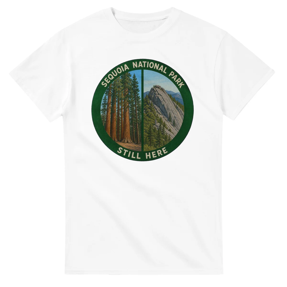 Painted, panelled scenic illustration for Sequoia National Park, with paired local scenes and the place name in lettering.